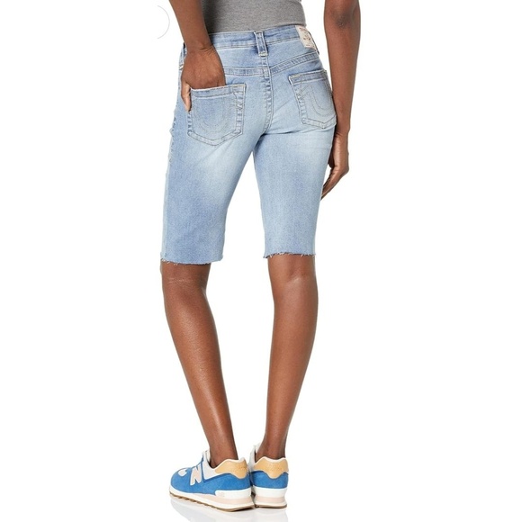 True Religion Light Blue Distressed Ripped Raw Hem Skinny Shorts Size 32